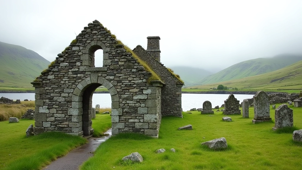 Stone monastic church ruins with arched doorway and window openings, surrounded by cemetery stones and green hills
