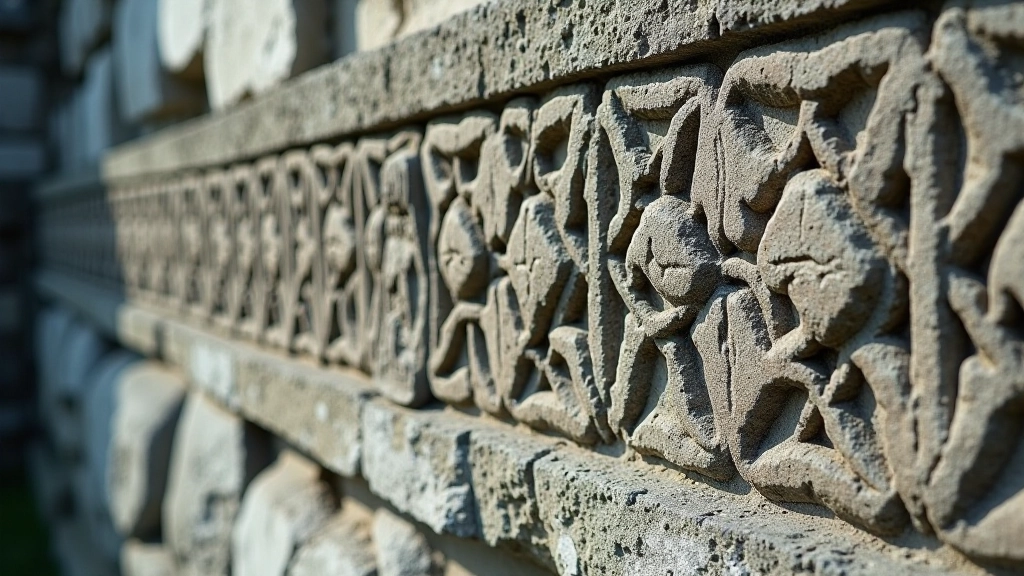 Close-up detail of ancient carved stone showing weathered Celtic patterns and geometric designs