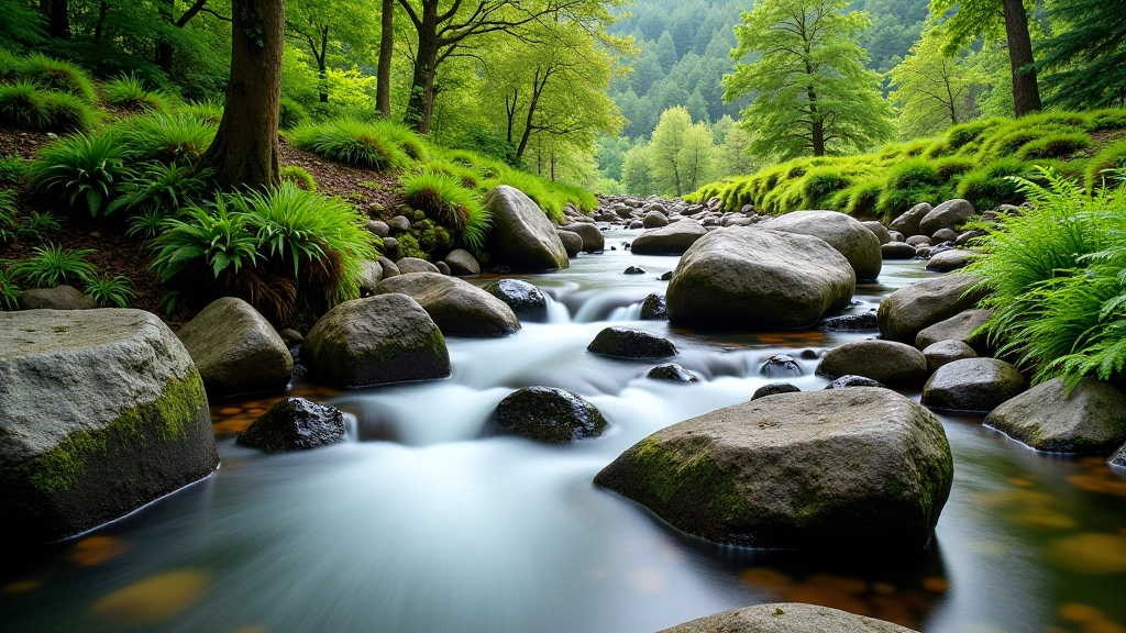 Mountain stream flowing over smooth rocks surrounded by moss and forest