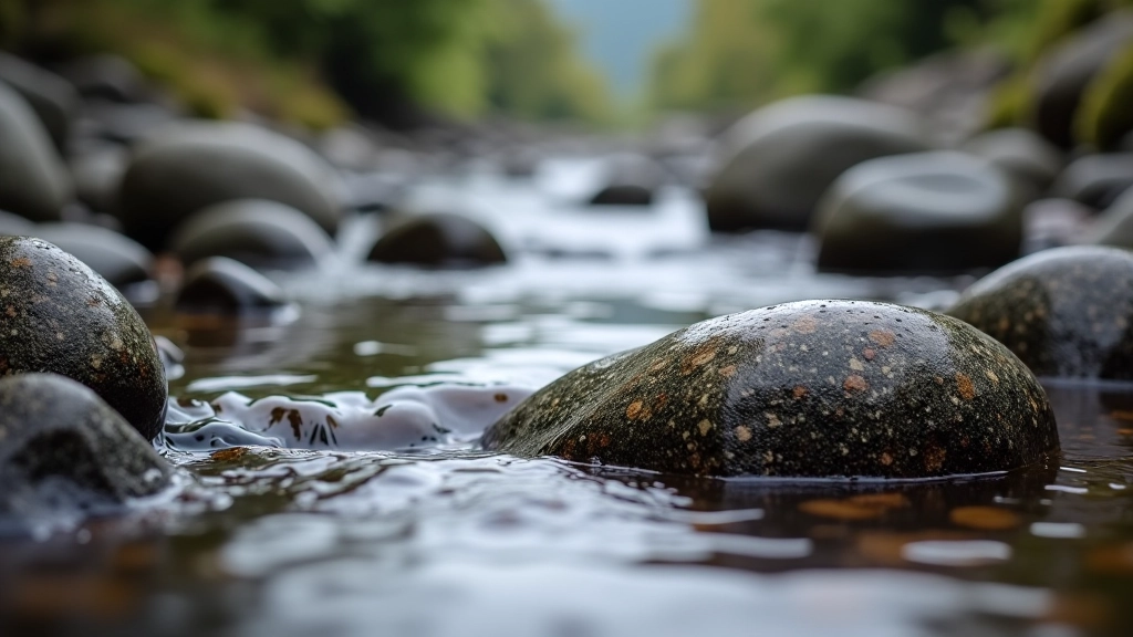 Close-up detail of smooth wet river rocks with clear water flowing, showing different stone textures and water patterns