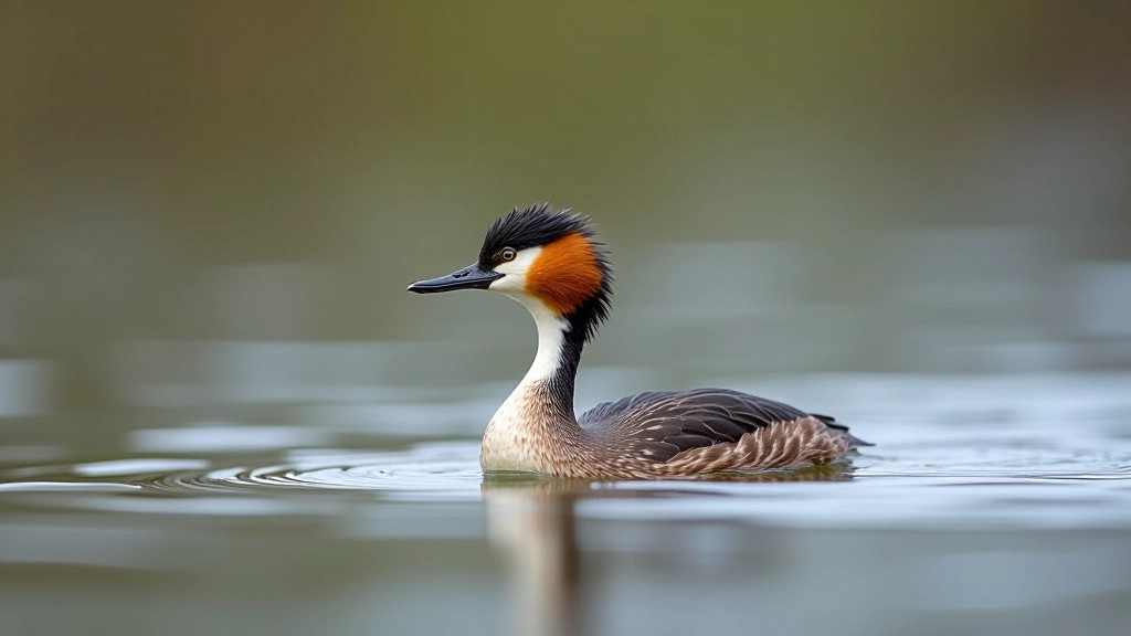 Great crested grebe swimming on water surface, distinctive head plumage visible, natural wildlife photography