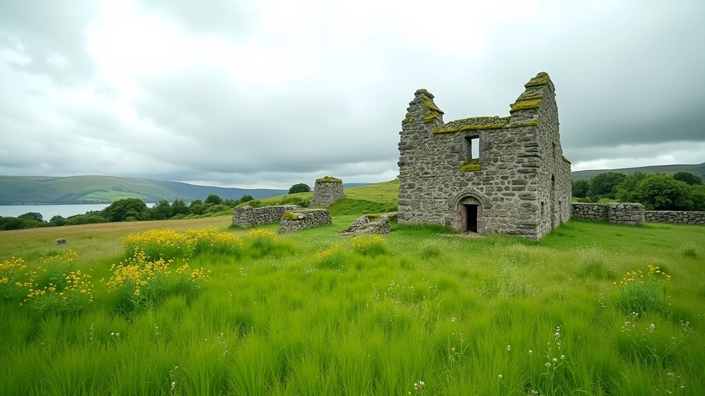 Ancient stone monastic ruins surrounded by green fields and wildflowers