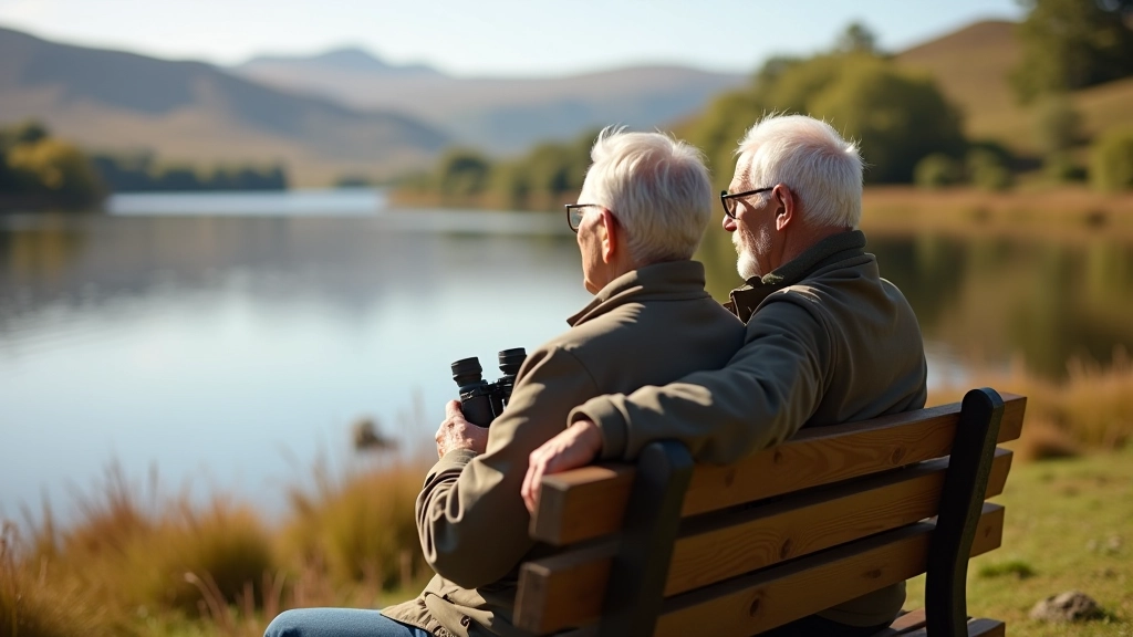 Senior couple sitting on comfortable bench with binoculars, birdwatching in natural setting near water