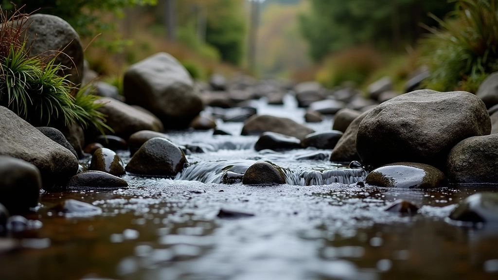 Clear mountain stream with flowing water among natural stones and vegetation