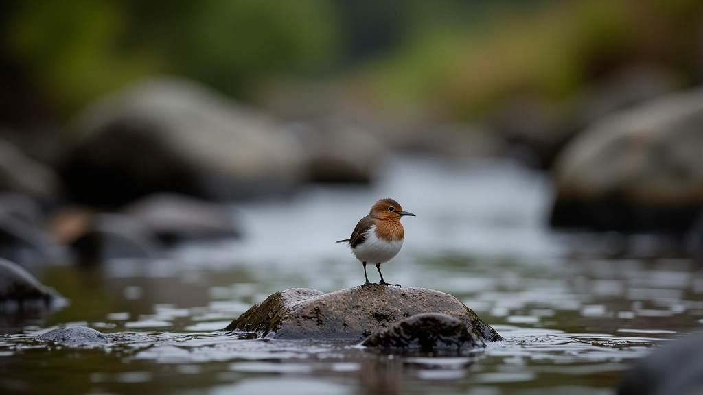Small dipper bird perched on wet rocks in a mountain stream, water flowing behind it, natural lighting