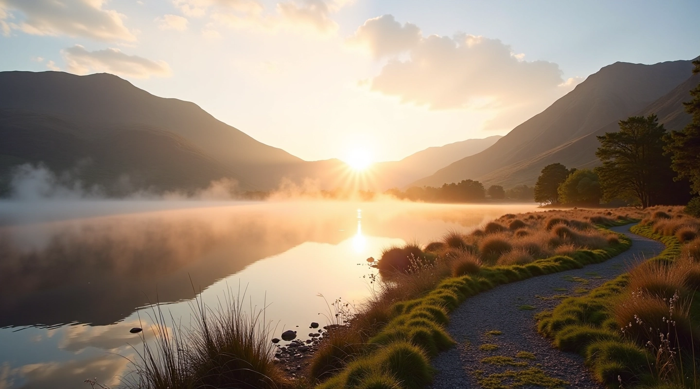 Serene lake landscape at sunrise with misty mountains reflected in calm water, senior-friendly walking path visible along shore