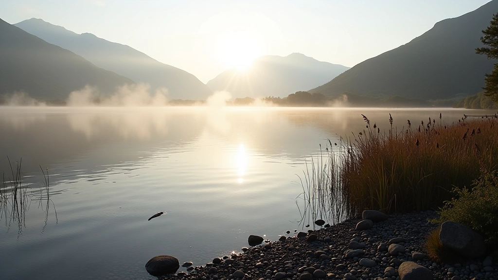 Peaceful lake shore at dawn with clear water and morning mist rising, natural birdwatching vantage point