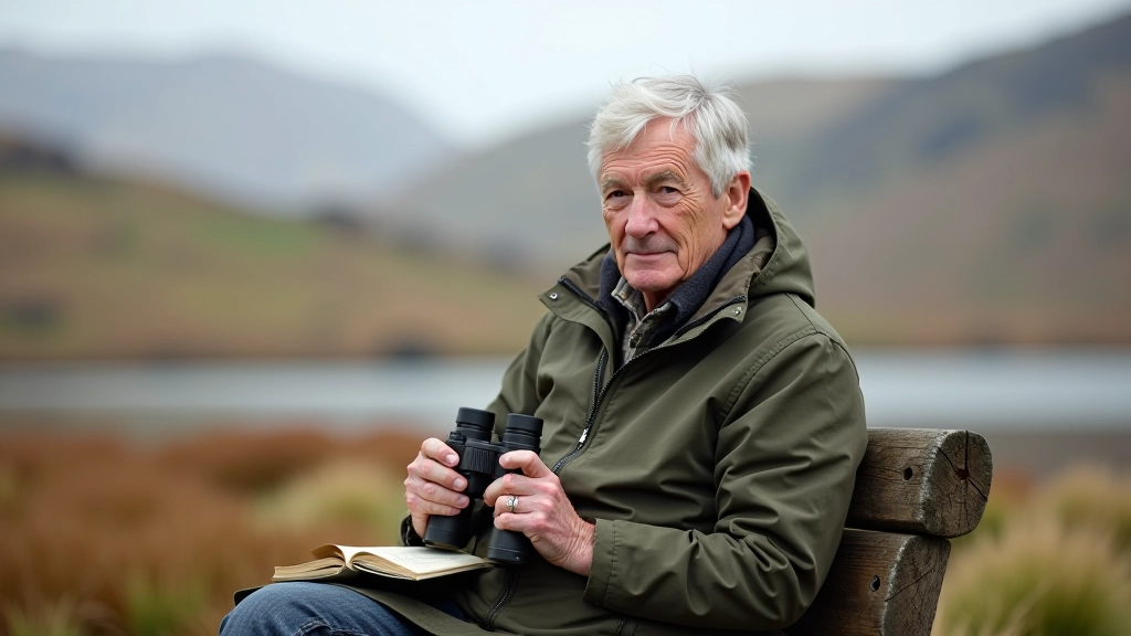 Person holding binoculars and field guide, seated on bench overlooking wetland habitat