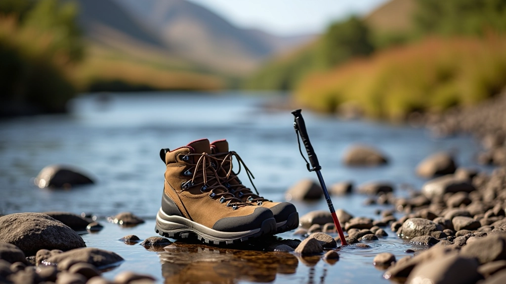 Hiking boots and walking pole resting on a dry rock near a mountain stream, with water visible in background