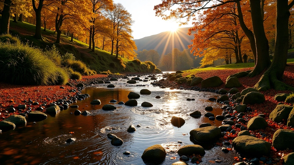 Scenic mountain stream in autumn with golden light filtering through trees, fallen leaves on rocks, calm water section visible