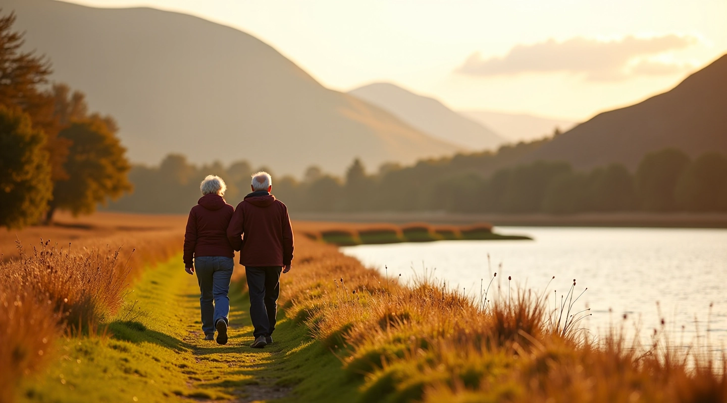 Senior couple walking along scenic lake shore path with mountains in distance