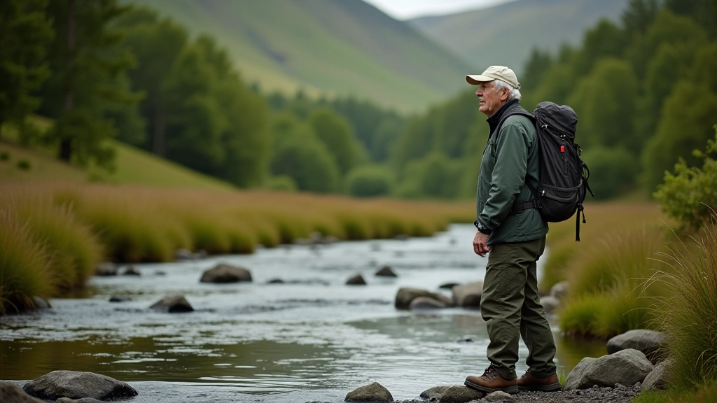 Senior person standing safely near a mountain stream, wearing appropriate footwear, surrounded by green vegetation and smooth river rocks