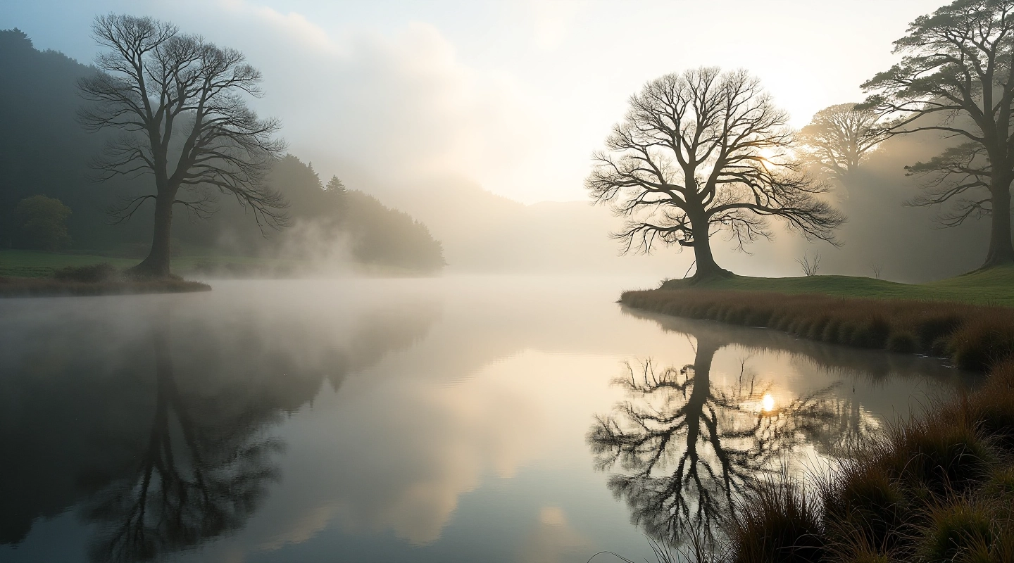 Tranquil peatland lake surrounded by native vegetation and morning mist