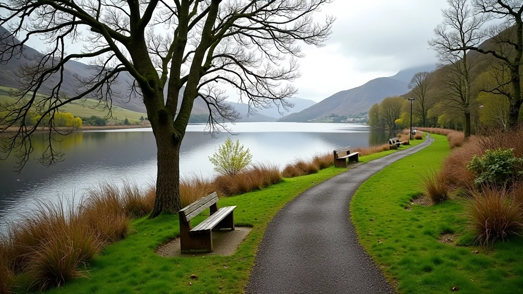 Well-maintained walking path alongside water with benches and clear sightlines