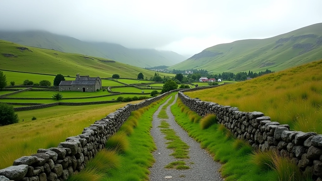 Hiking trail winding through green valley with stone walls and distant monastery ruins visible on hillside