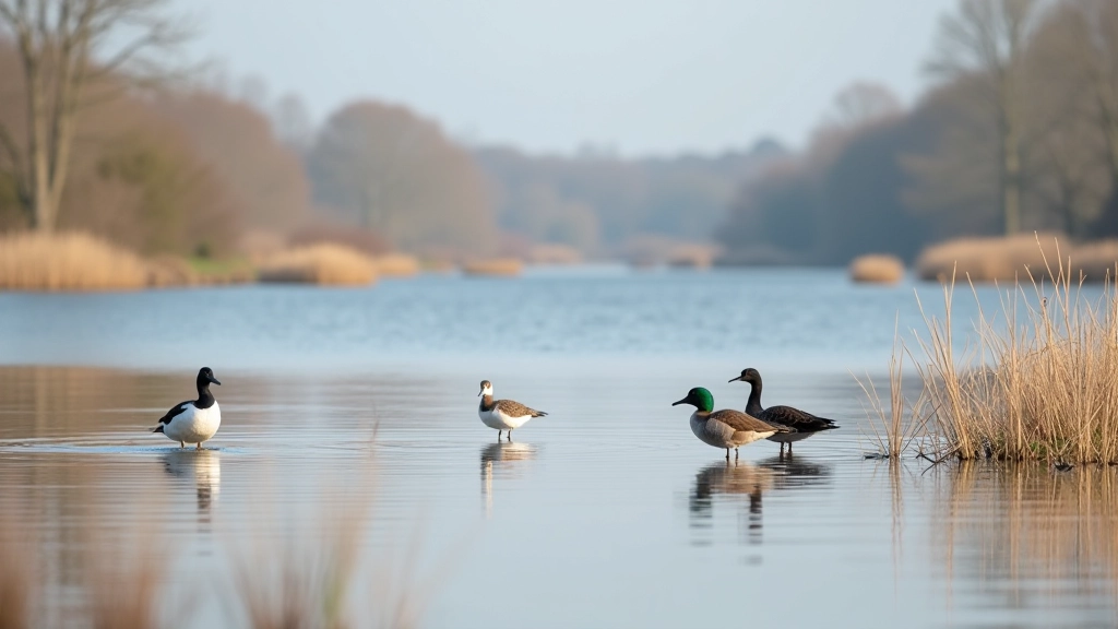 Water birds gathered on calm lake water with reeds in foreground