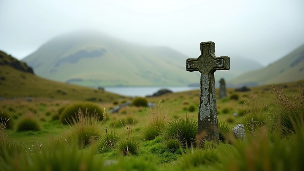Weathered stone cross standing among green grass and wild plants, Irish monastery grounds, overcast sky