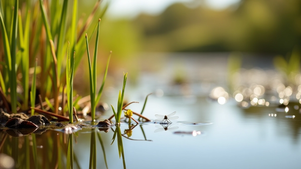 Wetland habitat with reeds and water plants, dragonflies visible near vegetation