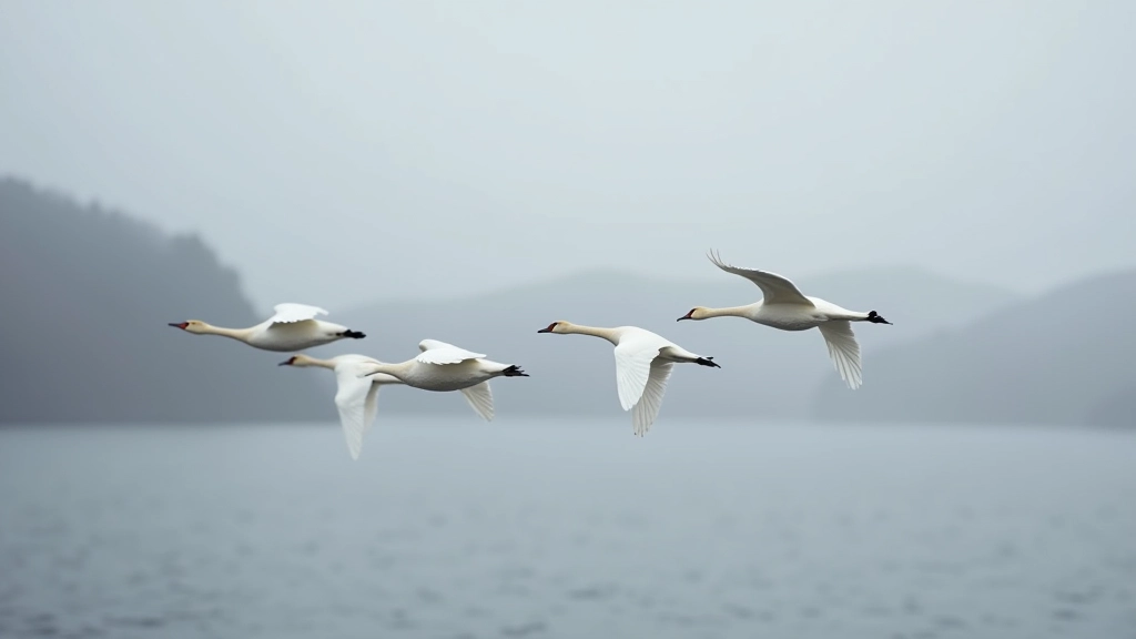 Whooper swans flying in formation against winter sky, distinctive white plumage visible