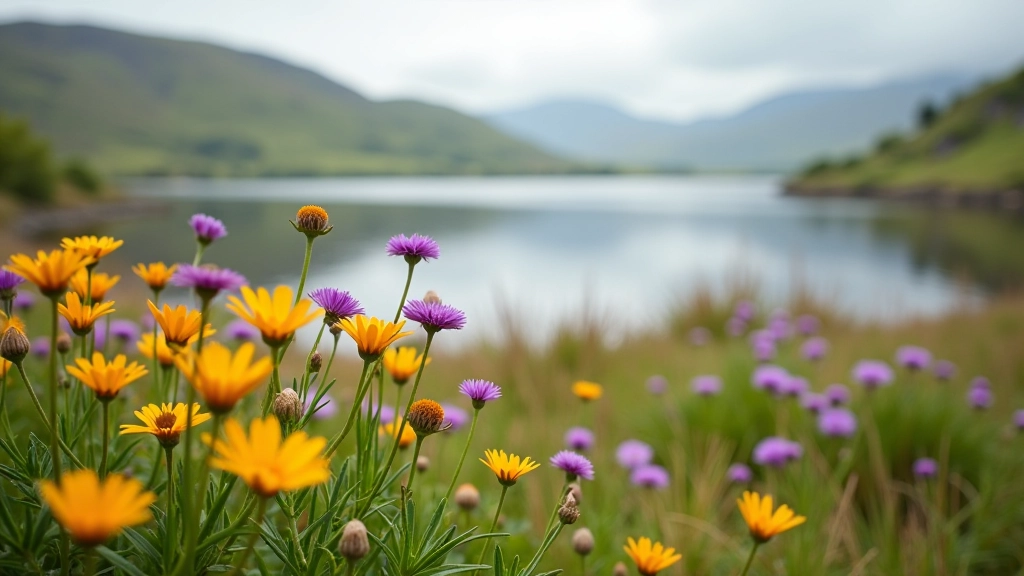 Close-up of wildflowers and vegetation growing along the lakeside path