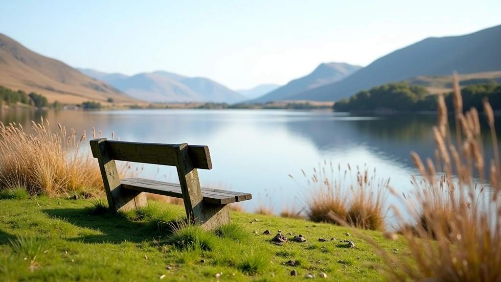 Wooden bench overlooking Derravaragh Lake with reeds and clear water view